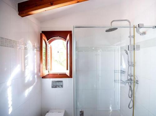 baño con ducha y aseo y ventana en El Penasco, en Sant Ferran de Ses Roques