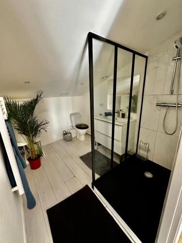une salle de bain avec une douche en verre et des toilettes dans l'établissement TOUT IRA BIEN, à Solliès-Ville