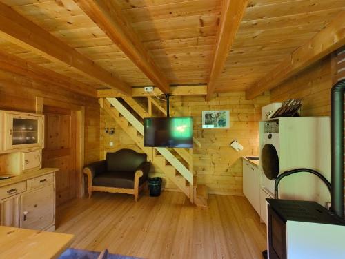 Cabaña con sala de estar con sofá y TV. en Reithütte, en Krispl