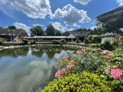 a pond in a yard with flowers and houses at IQBAL-Hütte (die Moorperle) in Beverstedt