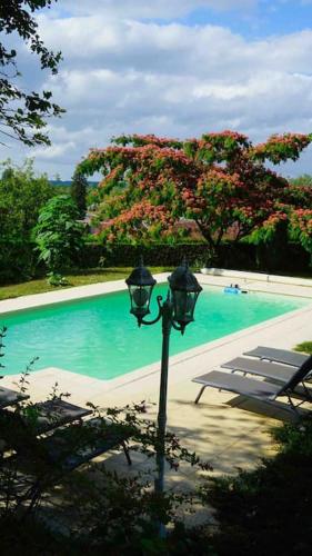 un éclairage de rue en face d'une piscine dans l'établissement Demeure vue sur Cher/Château, 5 min Zoo de Beauval, à Seigy