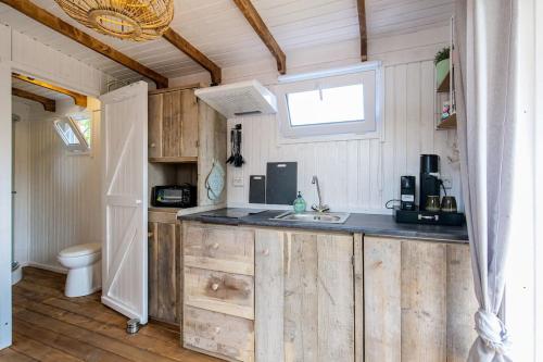 eine Küche mit einer Theke und einem Waschbecken in einem Zimmer in der Unterkunft In Ons Tuintje - aan zee - Callantsoog in Callantsoog