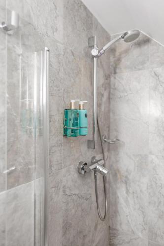a shower in a bathroom with a glass door at Palanga Visit Apartments and SPA in Palanga