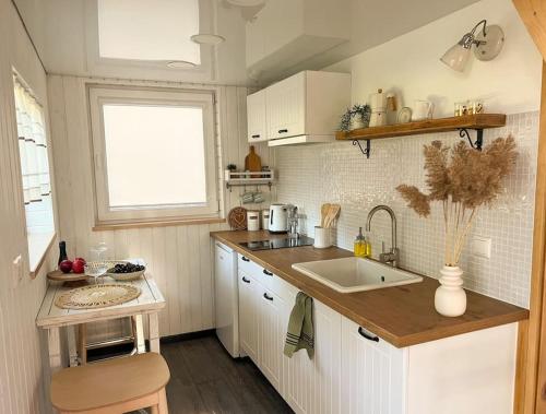 a small kitchen with a sink and a window at Oak Heart, Lucavsalas namiņš in Riga