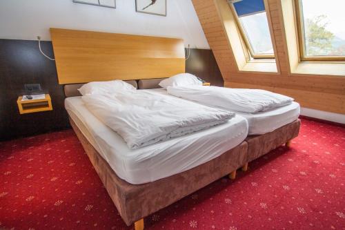 two twin beds in a room with a red carpet at City Hotel in Brunnen