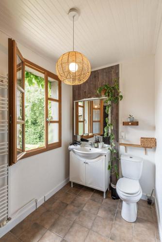 une salle de bain avec toilettes et lavabo dans l'établissement Le Moulin de Bernard, à Saint-Pantaléon