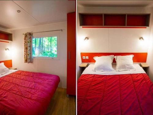- deux photos d'une chambre avec un lit rouge dans l'établissement Camping de la Forêt Seasonova, à Sillé-le-Guillaume