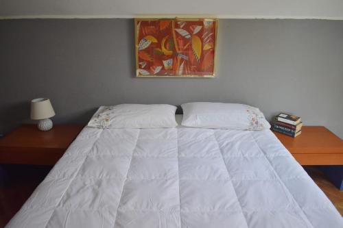 1 dormitorio con cama blanca y mesa de madera en Casa Macina, en CastellʼAlfero