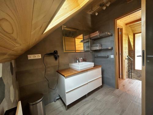 La salle de bains est pourvue d'un lavabo et d'un miroir. dans l'établissement Au Pied de l'Arcluse, terrasses et jardin - CLG - Savoie Bauges - 2 CH, à Chevillard
