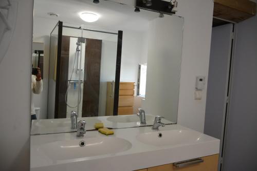 La salle de bains est pourvue d'un lavabo et d'un miroir. dans l'établissement gite en touraine climatise, à Assay