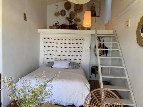 une chambre avec un lit superposé et une échelle dans l'établissement Maison charmante au bord du Rhône., à Arles