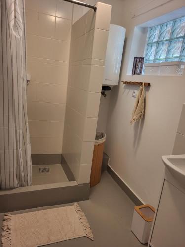 a bathroom with a shower and a sink at Domek letniskowy Dolice in Dolice