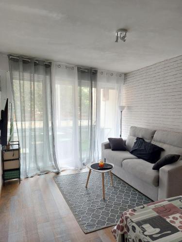 un salon avec un canapé et une table dans l'établissement Studio capacite 2 personnes quartier corniche a quelques pas des plages et petit centre ville, à Sète