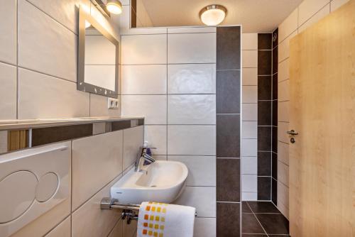 W łazience znajduje się umywalka i lustro. w obiekcie Ferienwohnung Alpenblick w mieście Zwiefalten