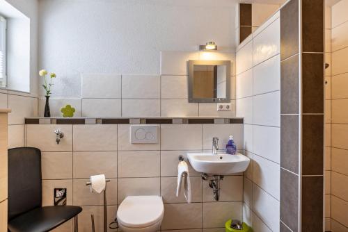 a bathroom with a toilet and a sink at Ferienwohnung Alpenblick in Zwiefalten