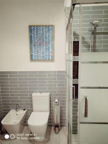 a bathroom with a toilet and a glass shower at Apartamento con encanto Ripalda VALENCIAYOLE in Valencia