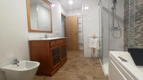 uma casa de banho com um lavatório, um WC e um chuveiro em El Mirador de la LLeira em Ferreras de Arriba
