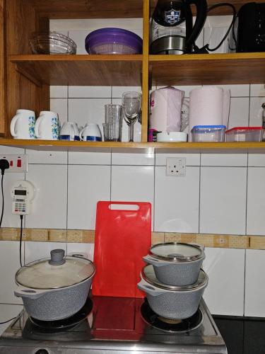 a kitchen with two pots and pans on a stove at Luxurious cozy homes Jsb apartment in Mombasa