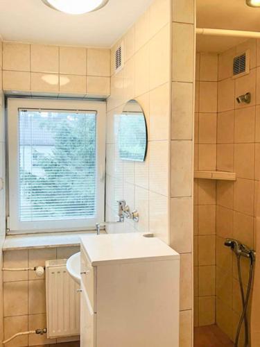 baño con lavabo y ducha con ventana en Mieszkanie w domu jednorodzinnym na wyłączność en Lublin