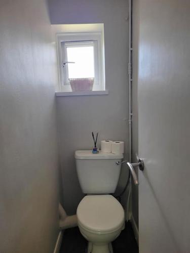 a bathroom with a white toilet and a window at Comfortable two bedroom flat in Putney. in London