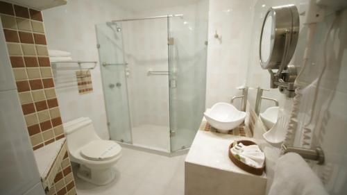 y baño con ducha, aseo y lavamanos. en Hotel Luna, en Guanajuato
