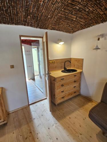 uma casa de banho com um lavatório e um armário de madeira em Farma Jerusalem - Wellness Apartments em Příbram