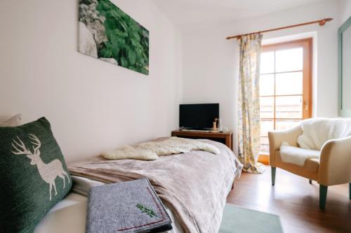 a bedroom with a bed and a chair and a television at Eko hiša-Eco House Na razpotju in Solčava