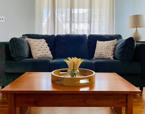 a living room with a blue couch and a coffee table at Green Roof Inn - Centrally Located 2BR/1BA Home in Evansville