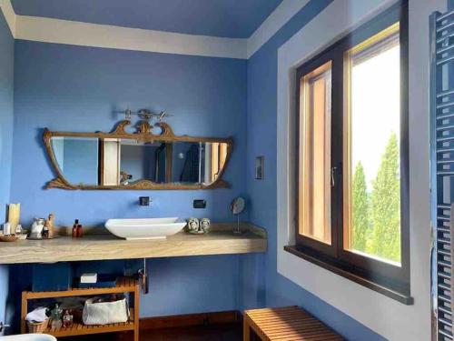 a blue bathroom with a sink and a mirror at Paradiso sulle Colline Parmensi in Medesano