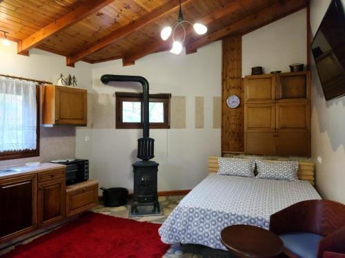 een slaapkamer met een bed en een fornuis. bij Guest House Seferi Ξενωνας Σεφερη in Gjirokastër