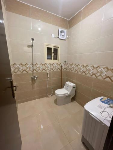 a bathroom with a toilet and a shower in it at فندق الفيصلية in Ḩajlah