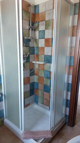 een douche met een glazen deur in de badkamer bij Appartamento vista Parco Tepilora in Torpè