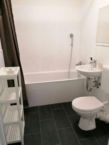 a bathroom with a toilet and a sink and a tub at cozy Apartment in der Nähe der BASF in Lauchhammer