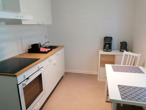 a kitchen with a sink and a stove top oven at cozy Apartment in der Nähe der BASF in Lauchhammer