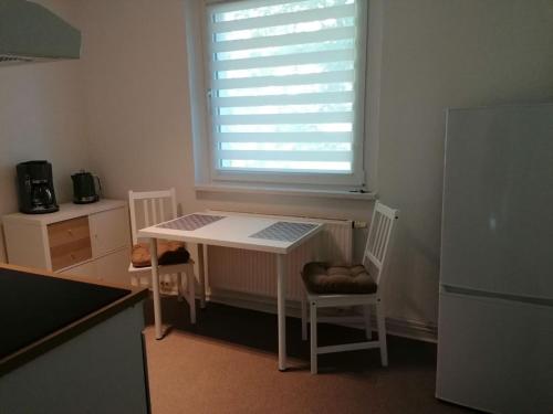 a kitchen with a table and two chairs and a window at cozy Apartment in der Nähe der BASF in Lauchhammer