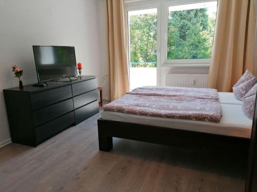 a bedroom with a bed and a television and a window at cozy Apartment in der Nähe der BASF in Lauchhammer