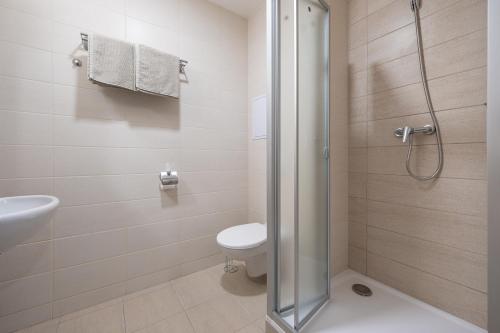 a bathroom with a shower with a toilet and a sink at Penzion BIG HOUSE in Prague