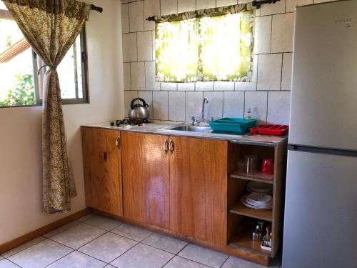 a kitchen with a sink and a refrigerator at Cabanas Hinariru Nui in Hanga Roa