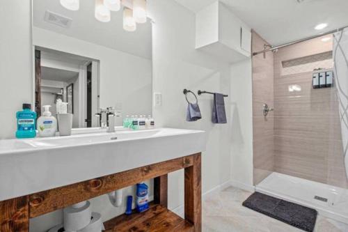 ein weißes Bad mit einem Waschbecken und einer Dusche in der Unterkunft Neighborhood Home Between The Lakes in Minneapolis
