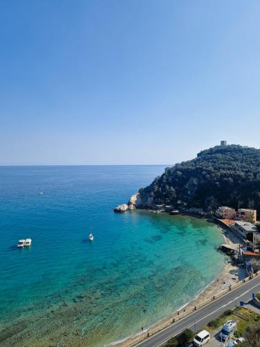 an aerial view of a beach with boats in the water at Varigotti Tropical Garden - full floor apartment in Varigotti