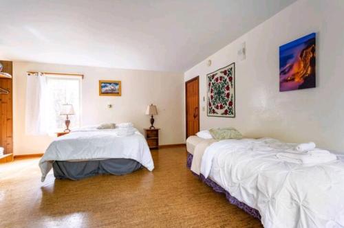 two beds in a room with white walls at Halema'uma'u- Hale Kumu La'au in Volcano