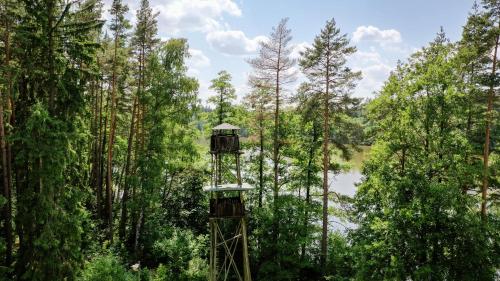 a tree house in the middle of a forest at Komáří Louka in Nová Olešná