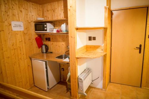 a small kitchen with a sink and a microwave at Komáří Louka in Nová Olešná