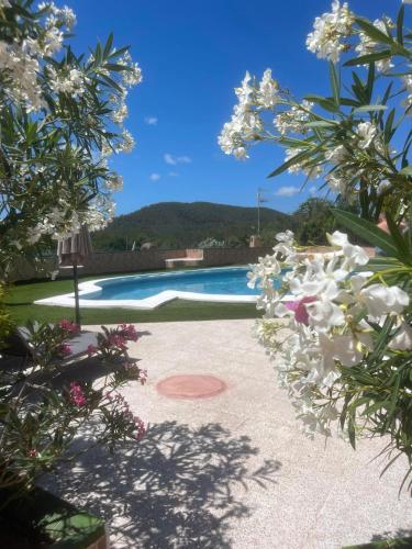 einen Garten mit einem Pool und Blumen in der Unterkunft Can Andre in Sant Jordi