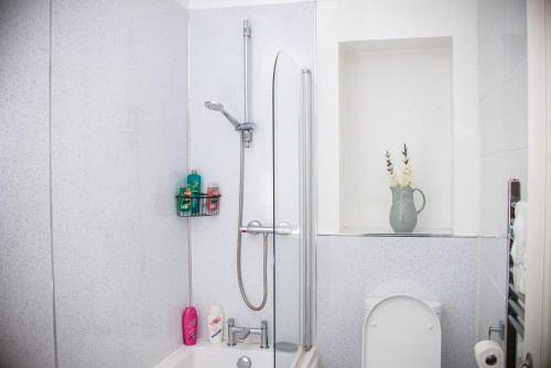 La salle de bains est pourvue d'une douche, de toilettes et d'un lavabo. dans l'établissement Entire Fabulous 2Bedroom First Floor Flat Located Within Close Proximity to City Centre & University of Aberdeen with Private Parking, à Aberdeen