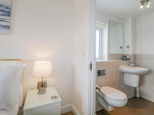 a white bathroom with a toilet and a sink at Ocean Retreat in Paignton
