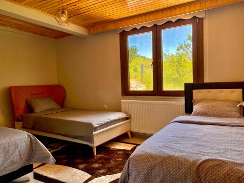 a bedroom with two beds and a window at Persembe House in Aybastı