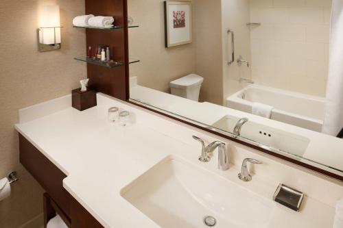 Milwaukee Marriott Downtown في ميلووكي: حمام مع حوض ومرآة كبيرة