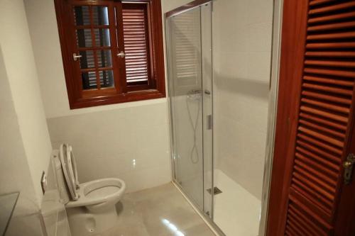 La salle de bains est pourvue de toilettes et d'une douche en verre. dans l'établissement Amplia casa 5 habitaciones en Santa Cruz con zona para trabajar, à Santa Cruz de Tenerife