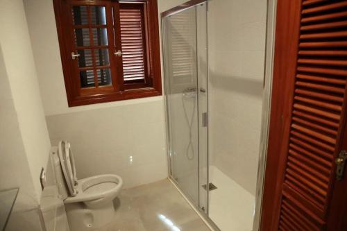 a bathroom with a toilet and a glass shower at Amplia casa 5 habitaciones en Santa Cruz con zona para trabajar in Santa Cruz de Tenerife